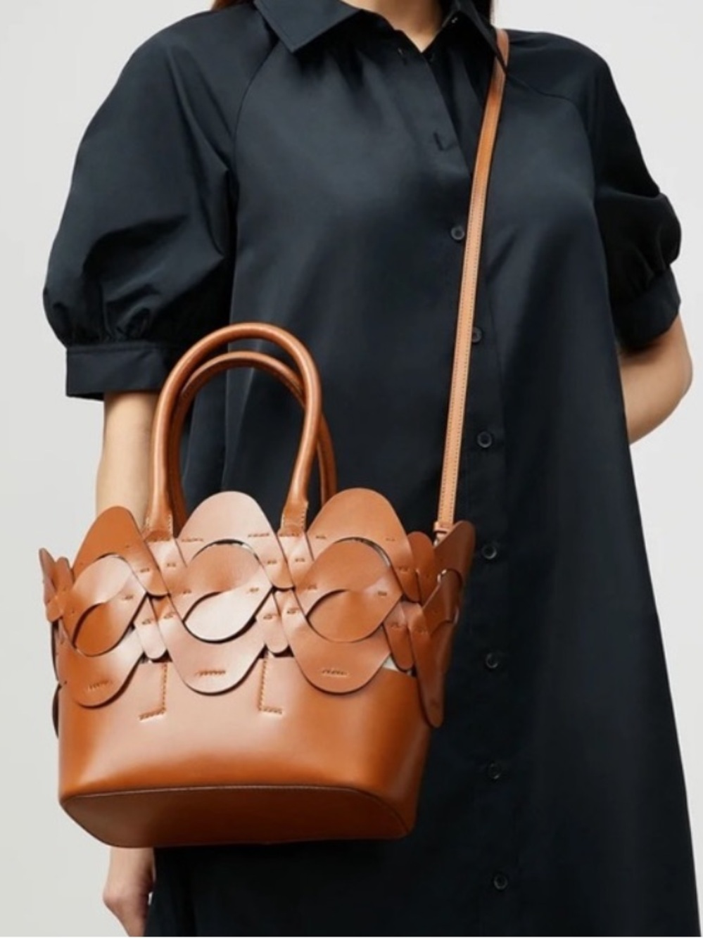 Lafayette 148 New York Scalloped Overlay Leather Tote in Cognac